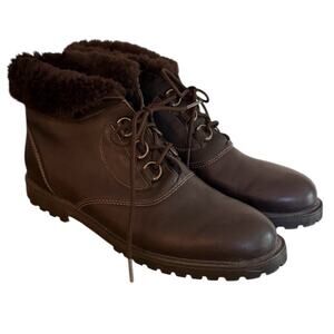 La Canadianne Brown Shearling Lined Leather Ankle Boots Lace Up Lug Sole Sz 9N